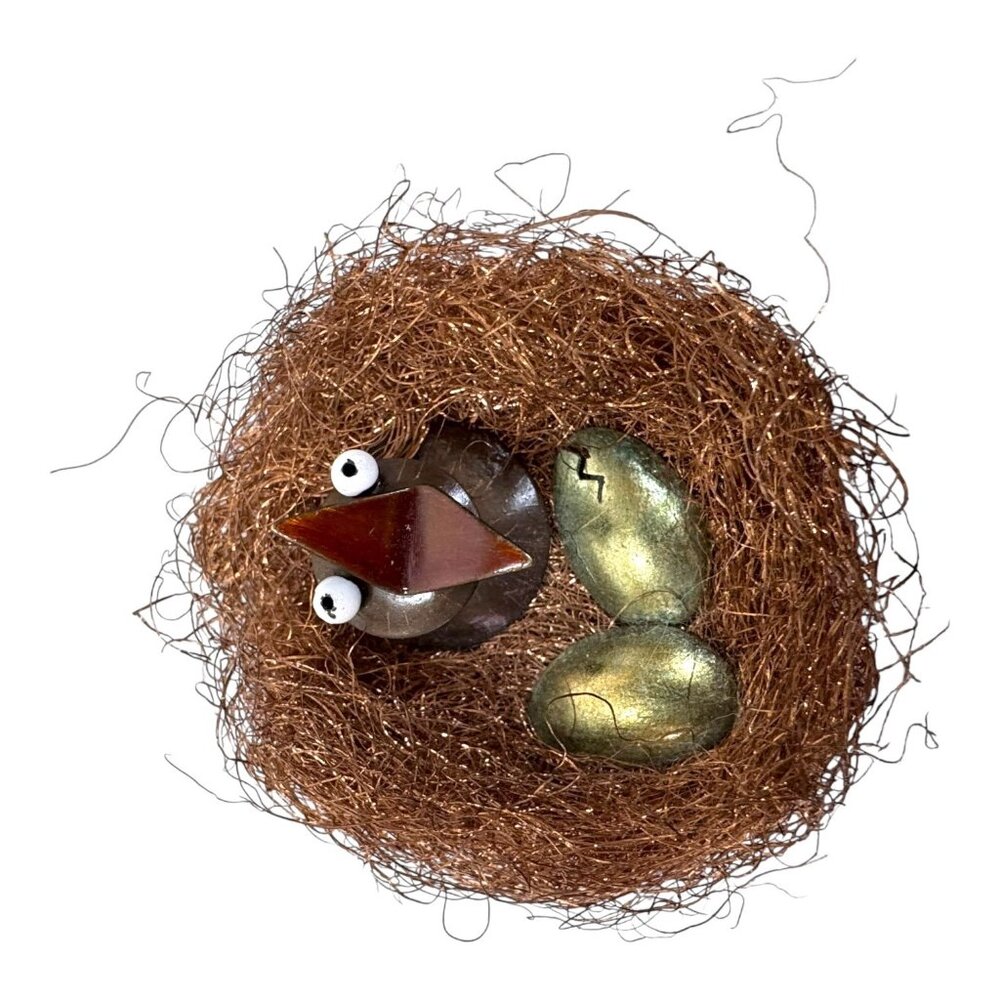 Vintage Unique Handmade Bird Nest Sculpture Metal Art Decorative Whimsical Eggs
